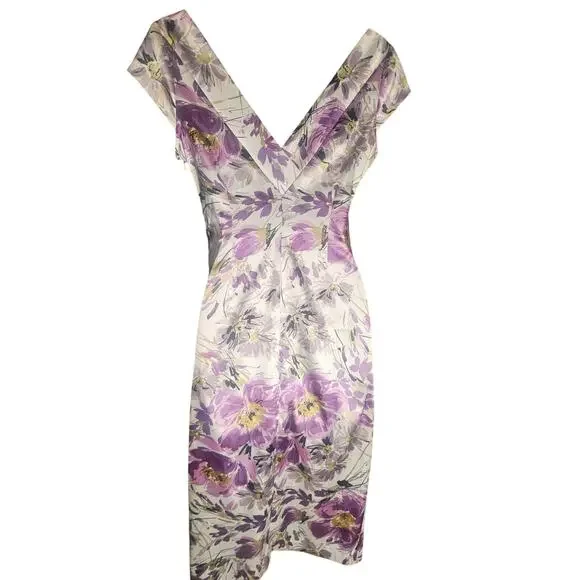 Maggy London Floral Dress Sheen Purple White Ruched Waist Sz 6 - Picture 8 of 9